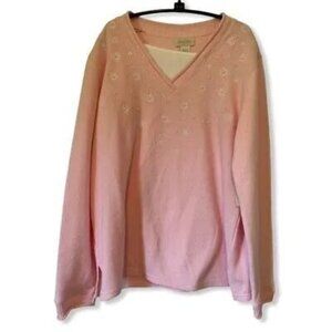 Studio Works Women's Pullover Sweater Pink Floral Embroidered Beaded V Neck L